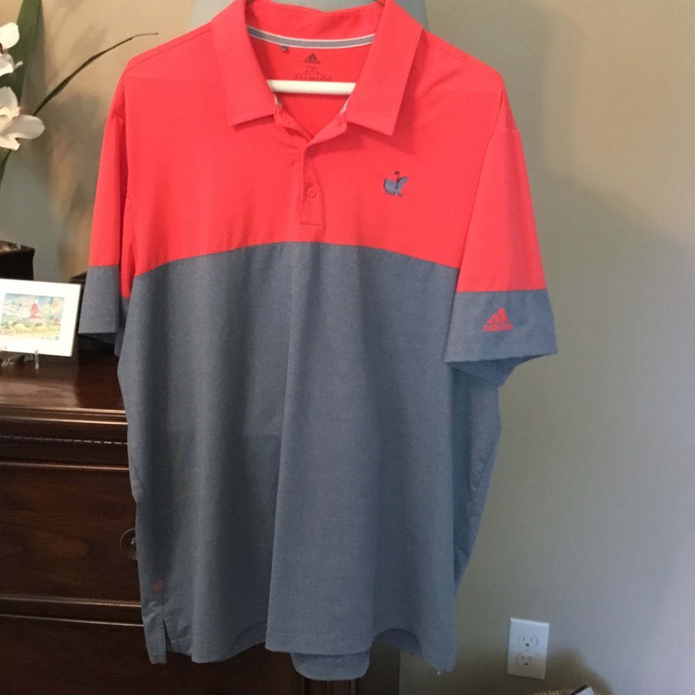 adidas-EUC-Men’s Talamore Southern Pines Coral and Gray Colorblock Polo